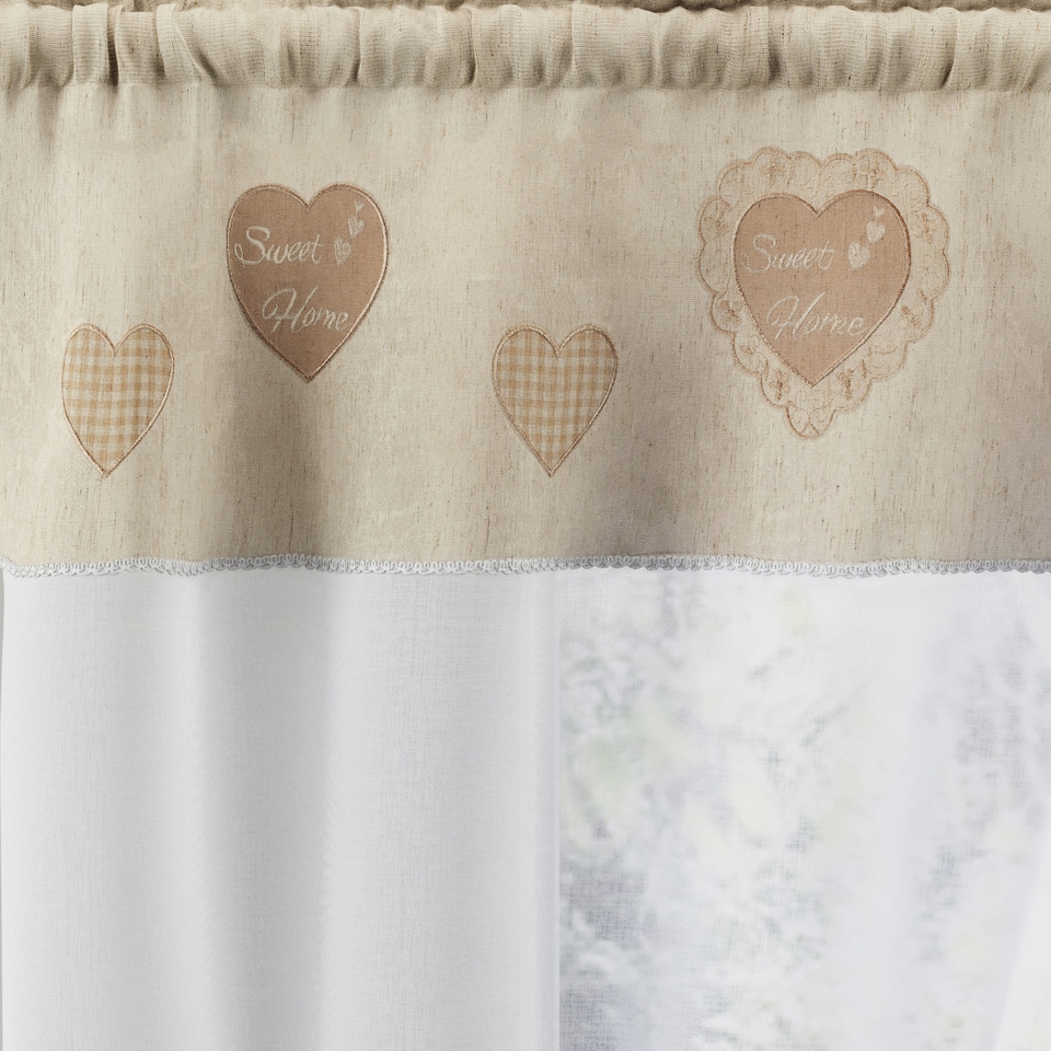 image 1 of Tyrone Textiles Sweetheart Embroidered Heart Kitchen Window Set Curtain Pair With Matching Tie Backs - Natural (Drop - 54" (137cm)