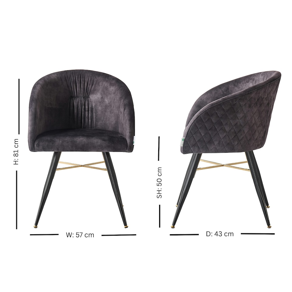 image 1 of Set of 2 Vittorio Velvet Dining Chairs with Black Metal Legs, Quilted Design Modern Accent Chair | Black