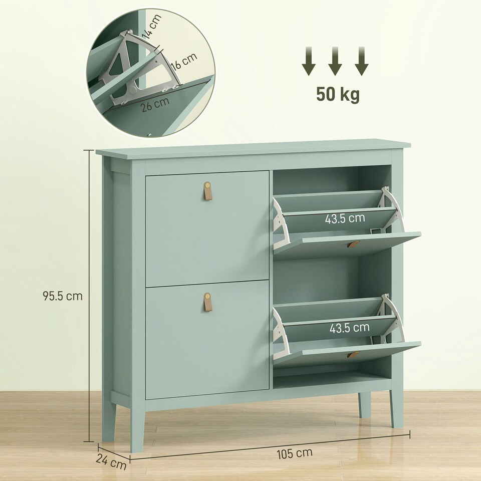 image 1 of HOMCOM 4 Drawer Shoe Cabinet with Flip Doors for Hallway, Entryway | Green | 105W x 24D x 95.5H cm | 1