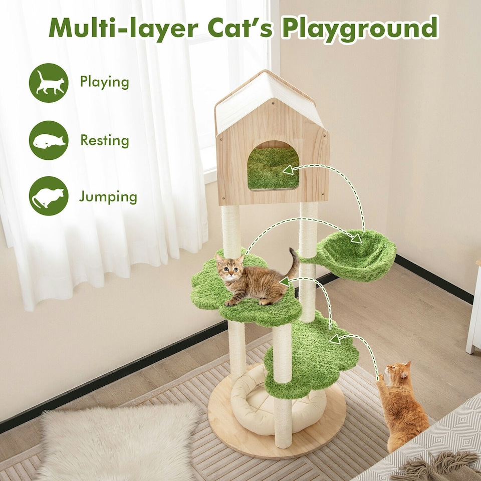 image 1 of COSTWAY Wooden 5-Layer Cat Tree 139 cm Cat Activity Center