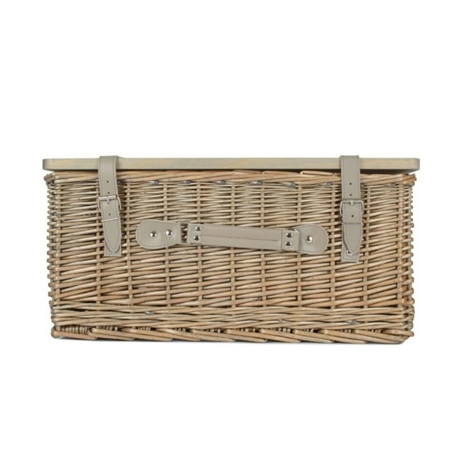 image 1 of Antique Wash Empty Picnic Basket with Pinewood Lid Brown | XL
