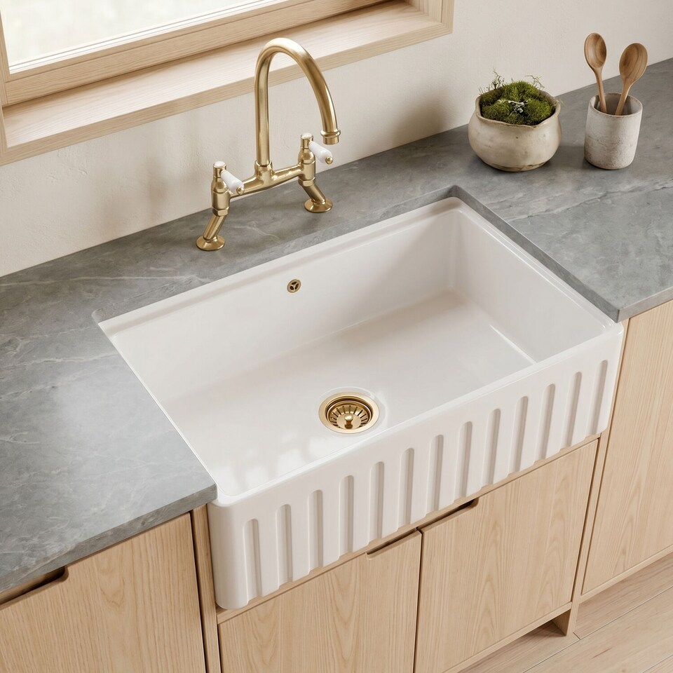 image 1 of Balterley Fireclay Single Bowl Fluted Front Kitchen Sink with Ledge and Overflow - Balterley | White | White | 220.0000 x 795.0000 x 460.0000mm | 1