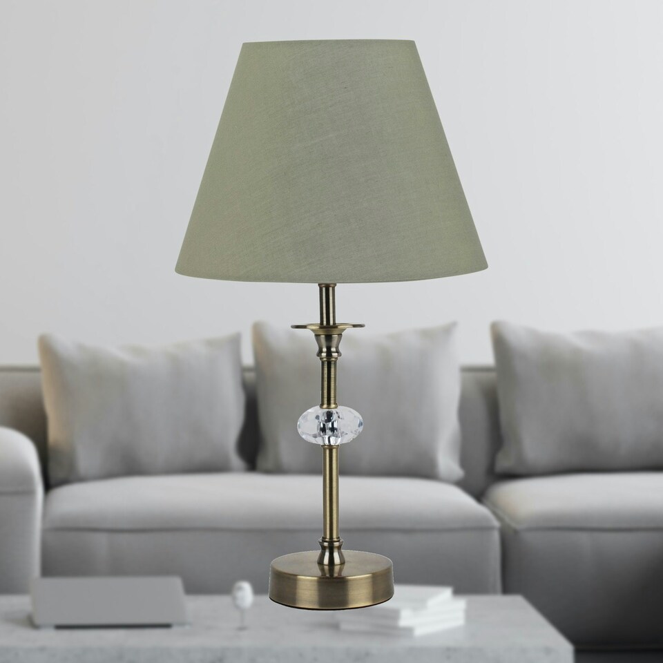 image 1 of Antique Brass Table Lamp with Facet Detail and Sage Green Shade Bronze | Green