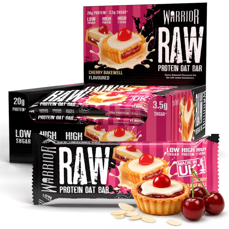 image 1 of Warrior RAW Protein Bars 12 x 75g – 20g High Protein Bar, Low Sugar High Fibre Oat Protein Flapjack – Protein Snacks, Meal Replacement Bars (Cherry Bakewell)