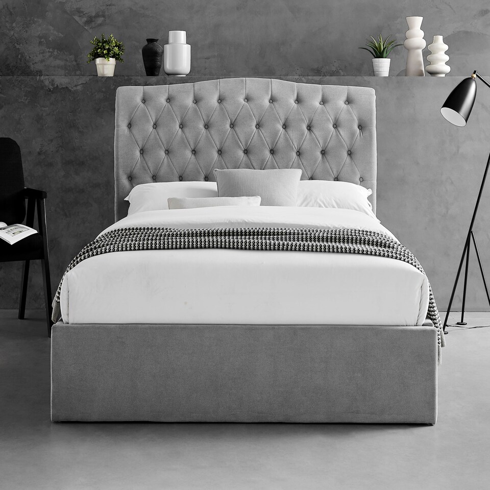 image 1 of 5ft King Size Ottoman gas liftup storage bed frame,fabric upholstered, light grey,buttoned back,curved bed frame,bedstead