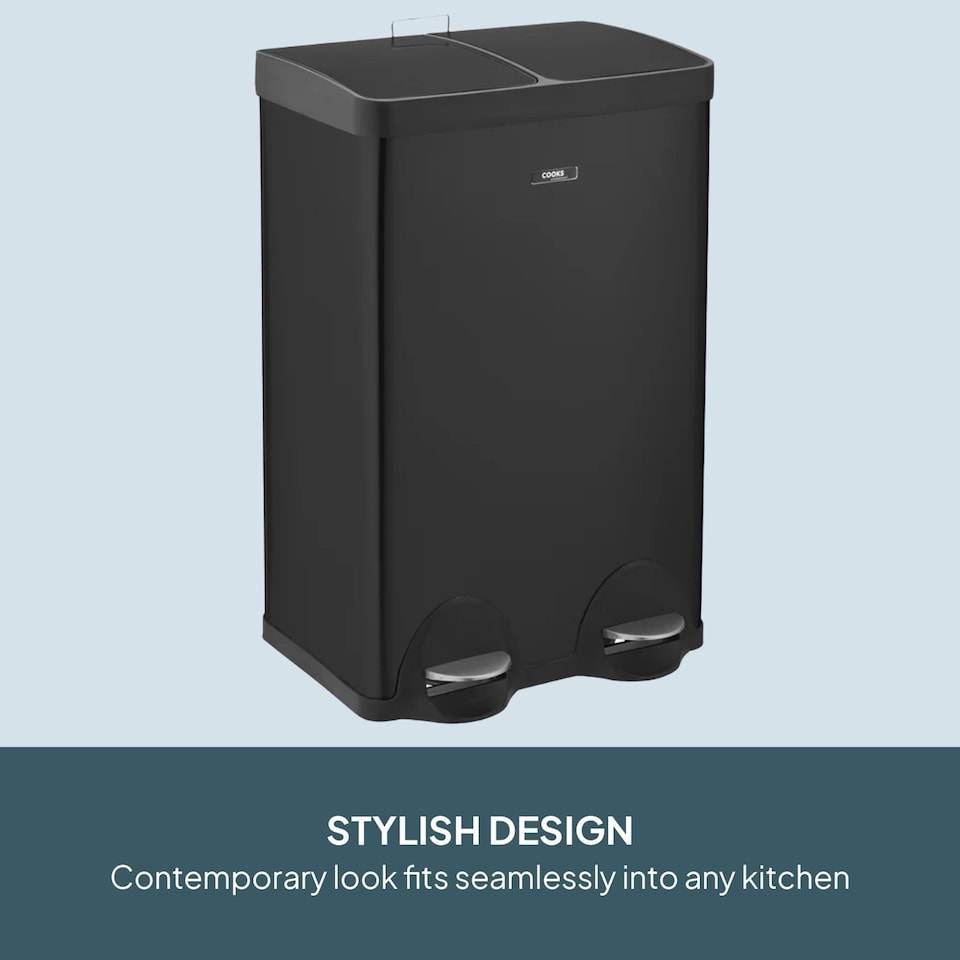 image 1 of Cooks Professional Dual Pedal Recycle Bin 60L with 2 x Compartments & Soft Close Lids | Black
