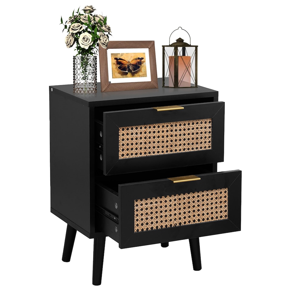 image 1 of Modern Black Rattan Bedside Table with 2 Drawers - Bedside Cabinet for Bedroom & Living Room (W40 x D30 x H52cm)