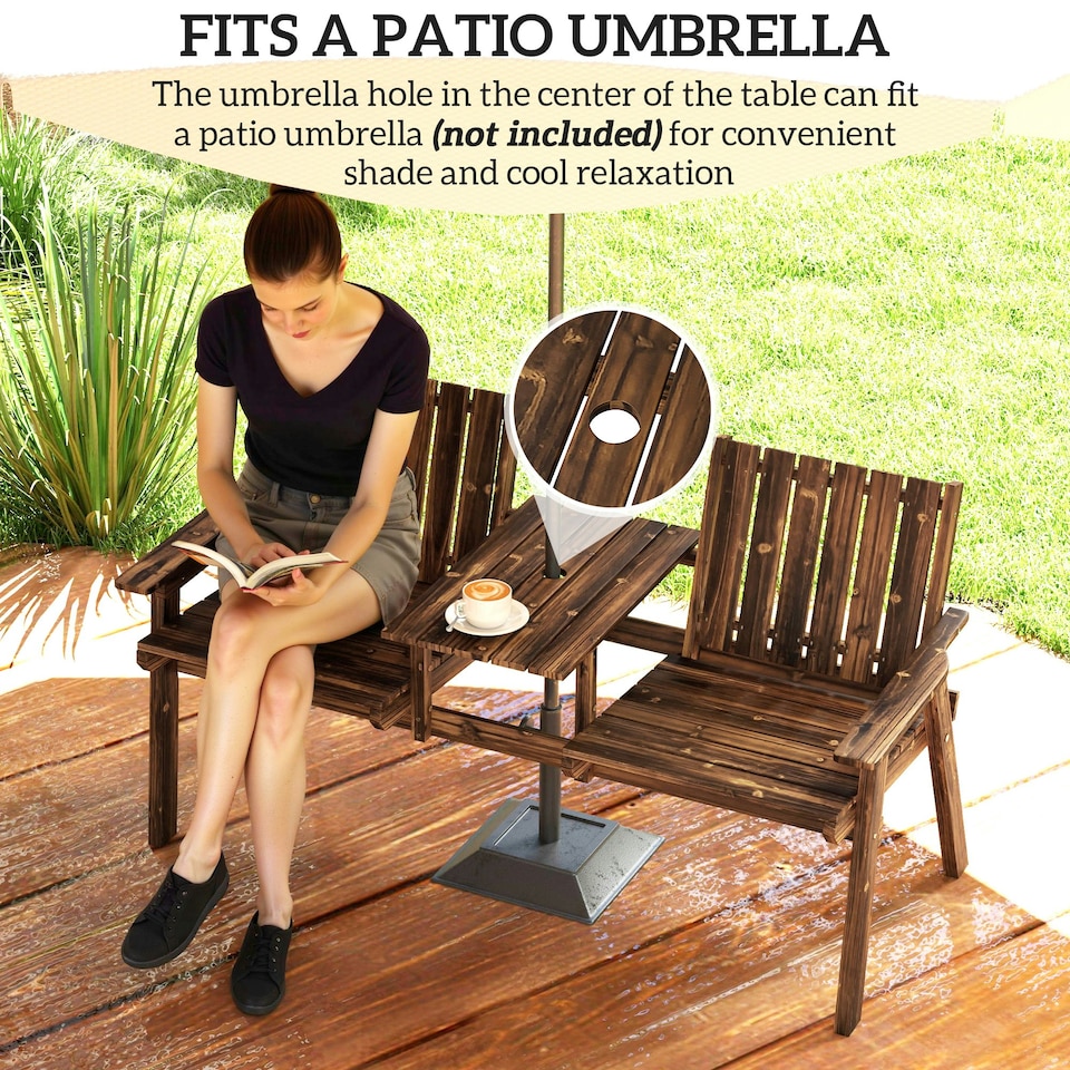 image 1 of Outsunny 2-Seater Wooden Garden Bench with Armrest, Carbonised Finish Brown