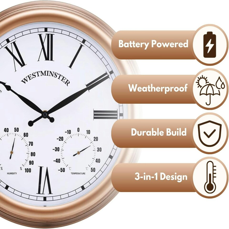 image 1 of Marco Paul 38cm Gold Wall Clock and Thermometer Gold