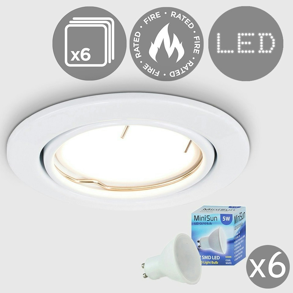 image 1 of ValueLights Pack of 6 - Fire Rated White Tiltable GU10 Recessed Ceiling Downlights - Complete with 5w LED Bulbs 6500K Cool White | White
