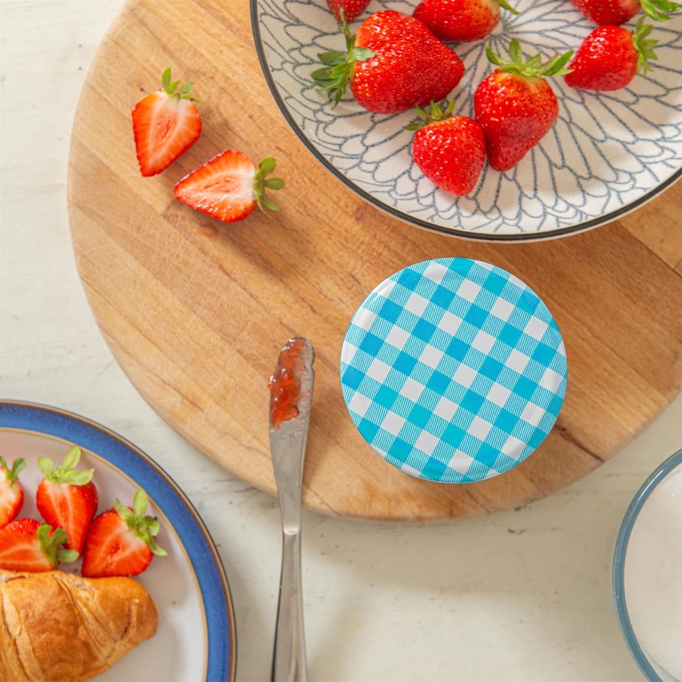 image 1 of Argon Tableware Glass Jam Jars with Blue Gingham Lids - 250ml - Pack of 6