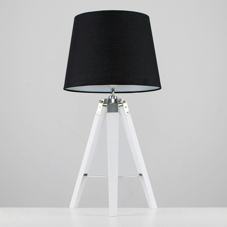 image 1 of ValueLights Clipper White Tripod Table Lamp With Large Black Tapered Shade Black