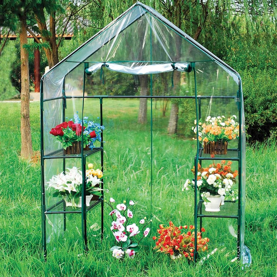 image 1 of Walk In Greenhouse w/PVC Cover Garden Grow Green House with 4 Shelves