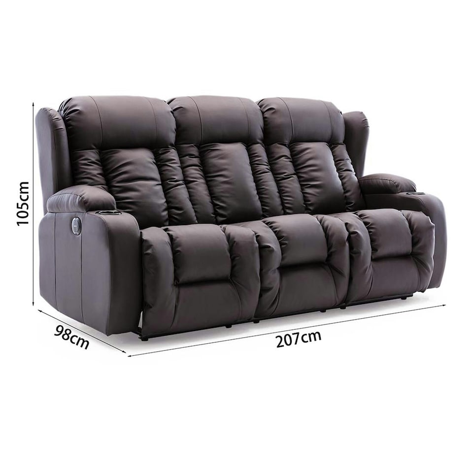 image 1 of Caesar 3 Seater Electric High Back Bonded Leather Recliner Sofa (Brown)