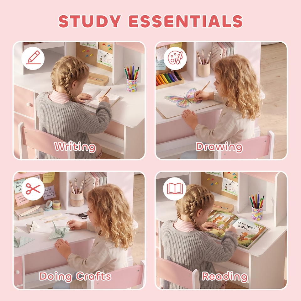 image 1 of AIYAPLAY Kids Desk and Chair Set w/ Cabinets for Ages 5-12 Years, Pink