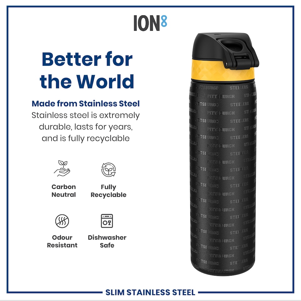 image 1 of Leak Proof Slim Water Bottle, Stainless Steel, NFL, 600ml (20oz) | Black | NFL Steelers | One Size