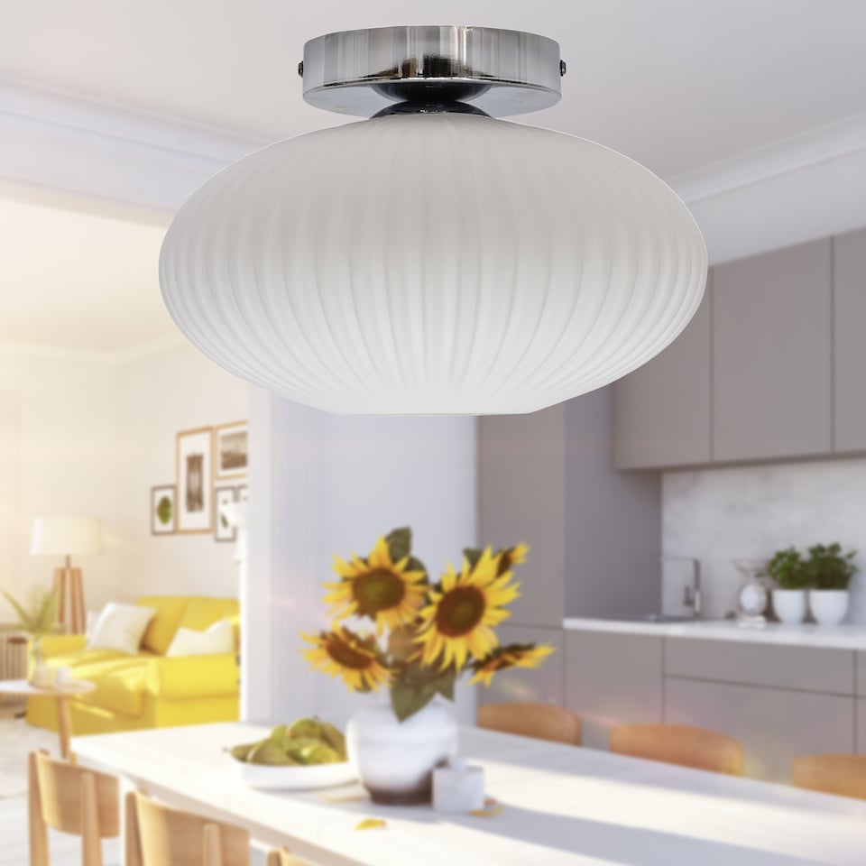 image 1 of Set of 2 Baton - White Ribbed Oval Glass Chrome Ceiling Lights