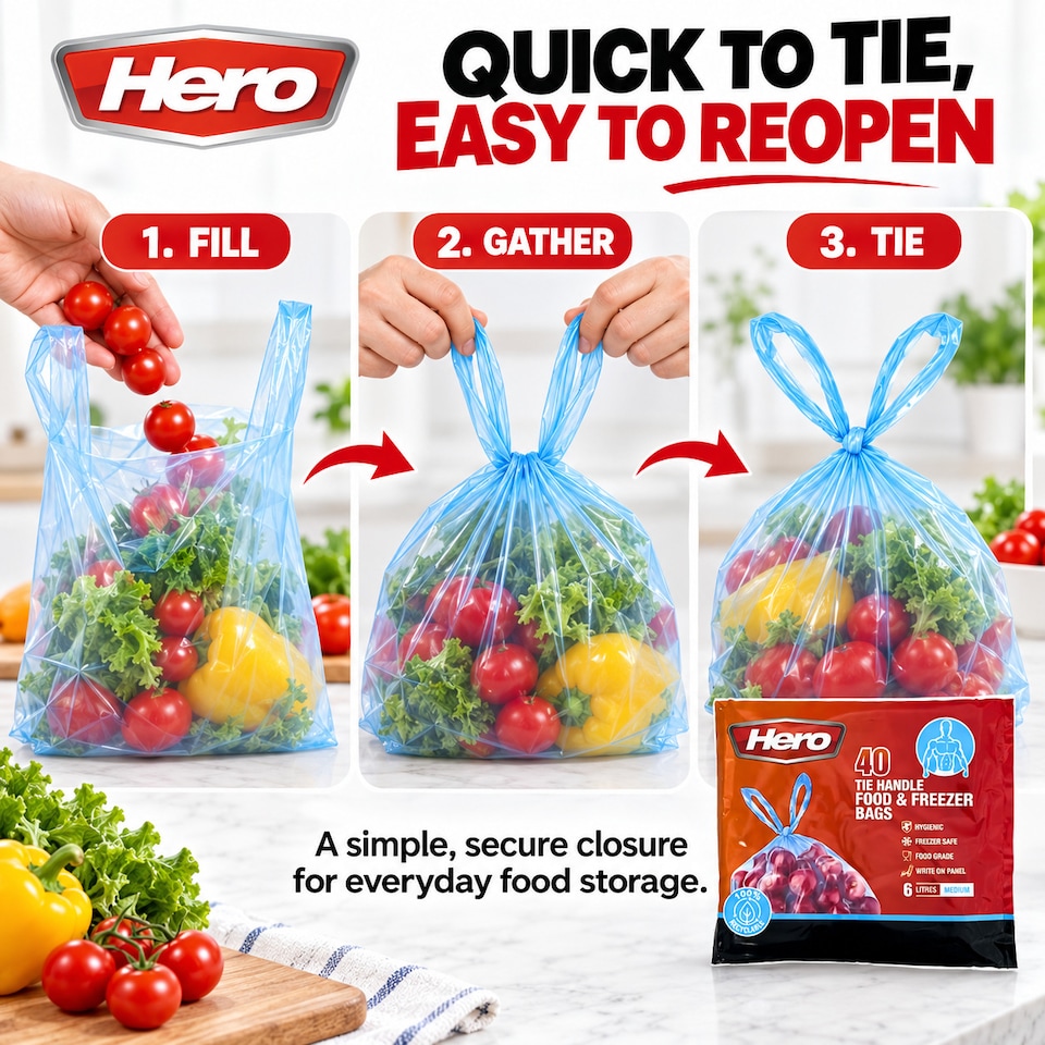 image 1 of Hero Tie Handle Food Storage Bags 6L Pack of 40 Reusable BPA Free Freezer & Sandwich Bags with Airtight Seal for Fruits, Vegetables, Meat and Grains