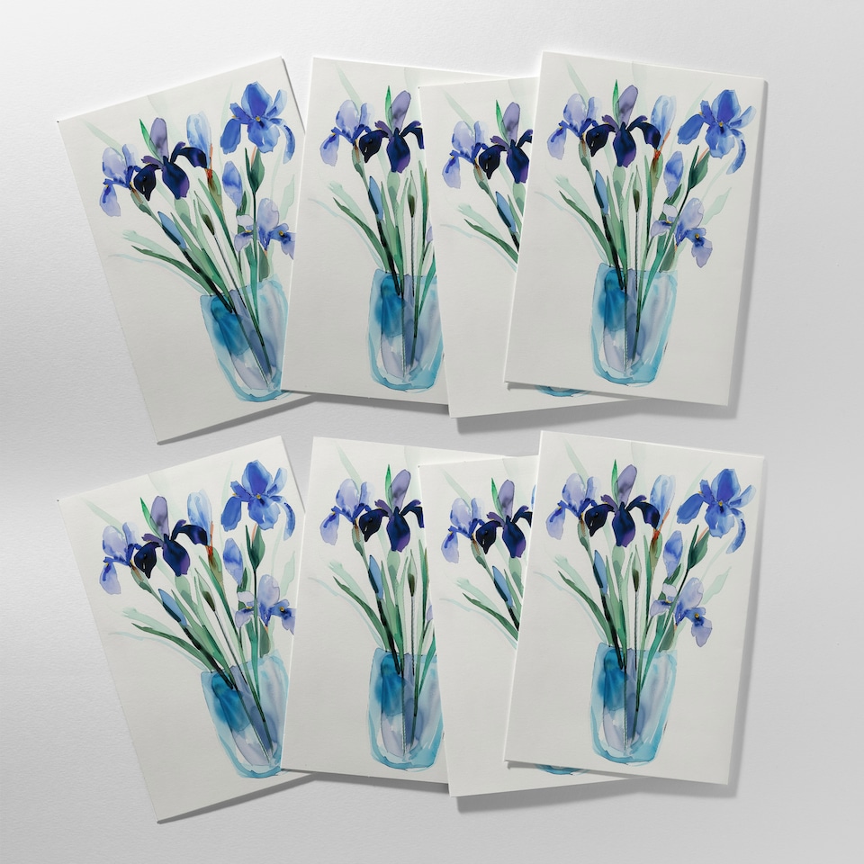 image 1 of Blue Iris Flower Bouquet Vase Floral Watercolour Art Cards Pack of 8