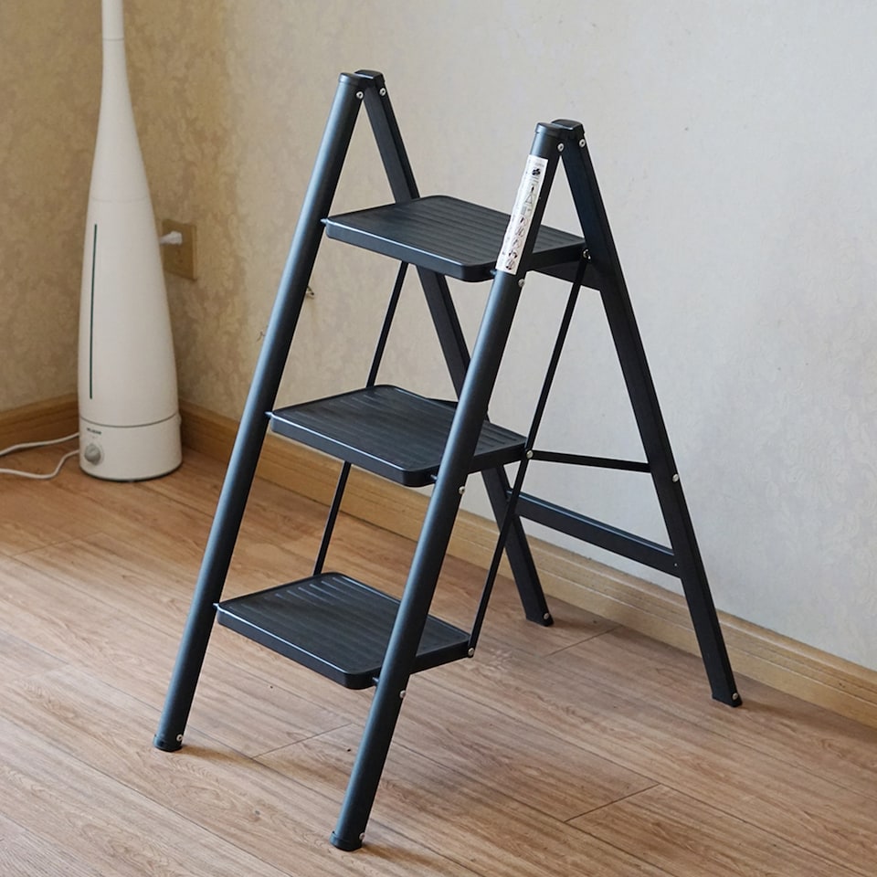 image 1 of Gr8 Home 3 Step Ladder Black Folding Stool Non Slip Heavy Duty Carbon Steel Lightweight