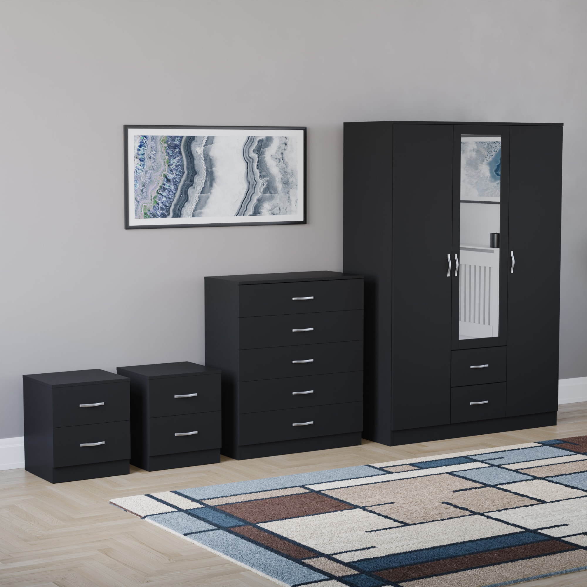 Vida Designs Riano 4 Piece Bedroom Set (2x 2 Drawer Bedside Chest, 5 Drawer Chest, 3 Door 2 Drawer Mirrored Wardrobe) - Black