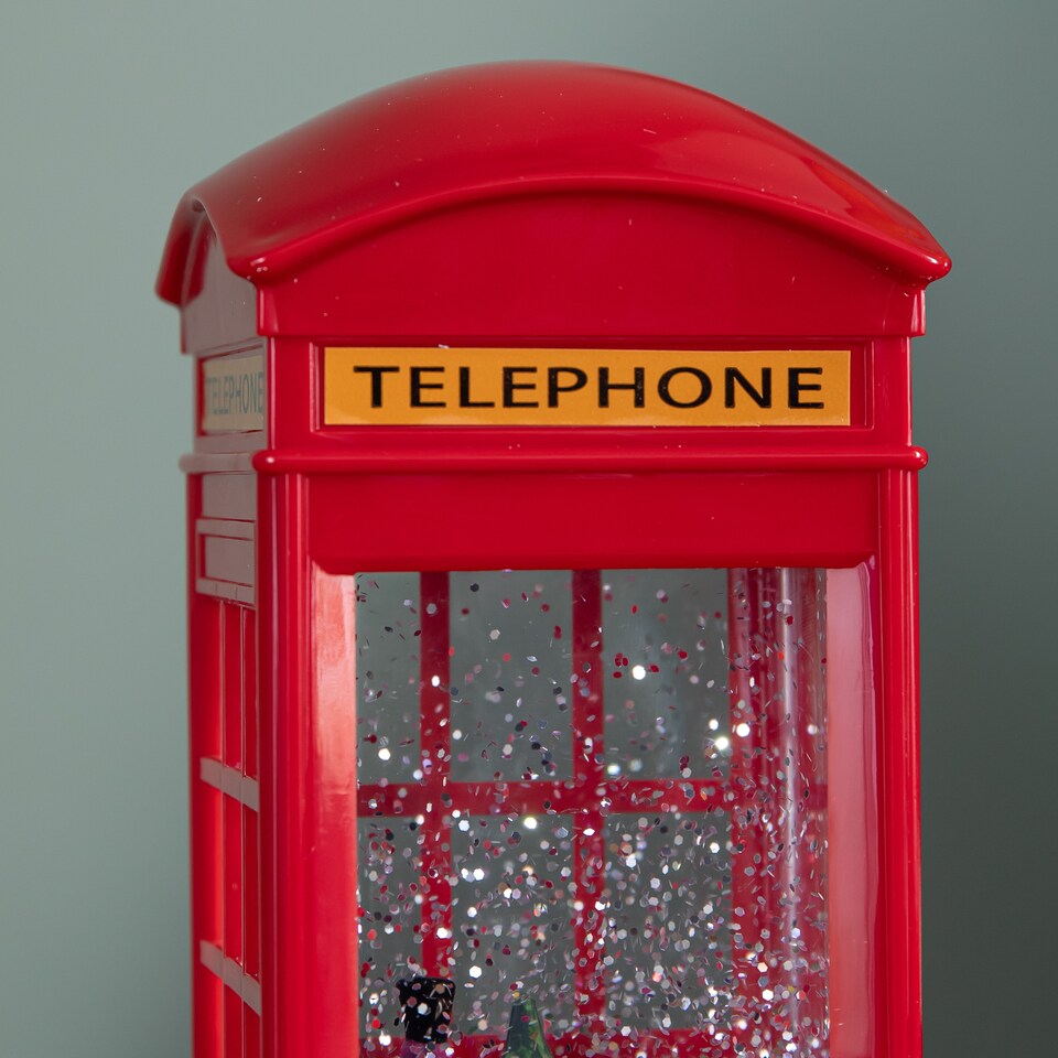 image 1 of 26.5cm Christmas Water Spinner Telephone Box Design with Snowman Scene  Dual Power