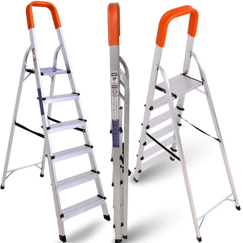 image 1 of Lightweight Step Ladders - Compact Aluminium Stepladder with Non-Slip Wide Step, Portable Silver Color - Tall Folding Ladder with Platform Silver | Orange | 6 - Step 167 cm