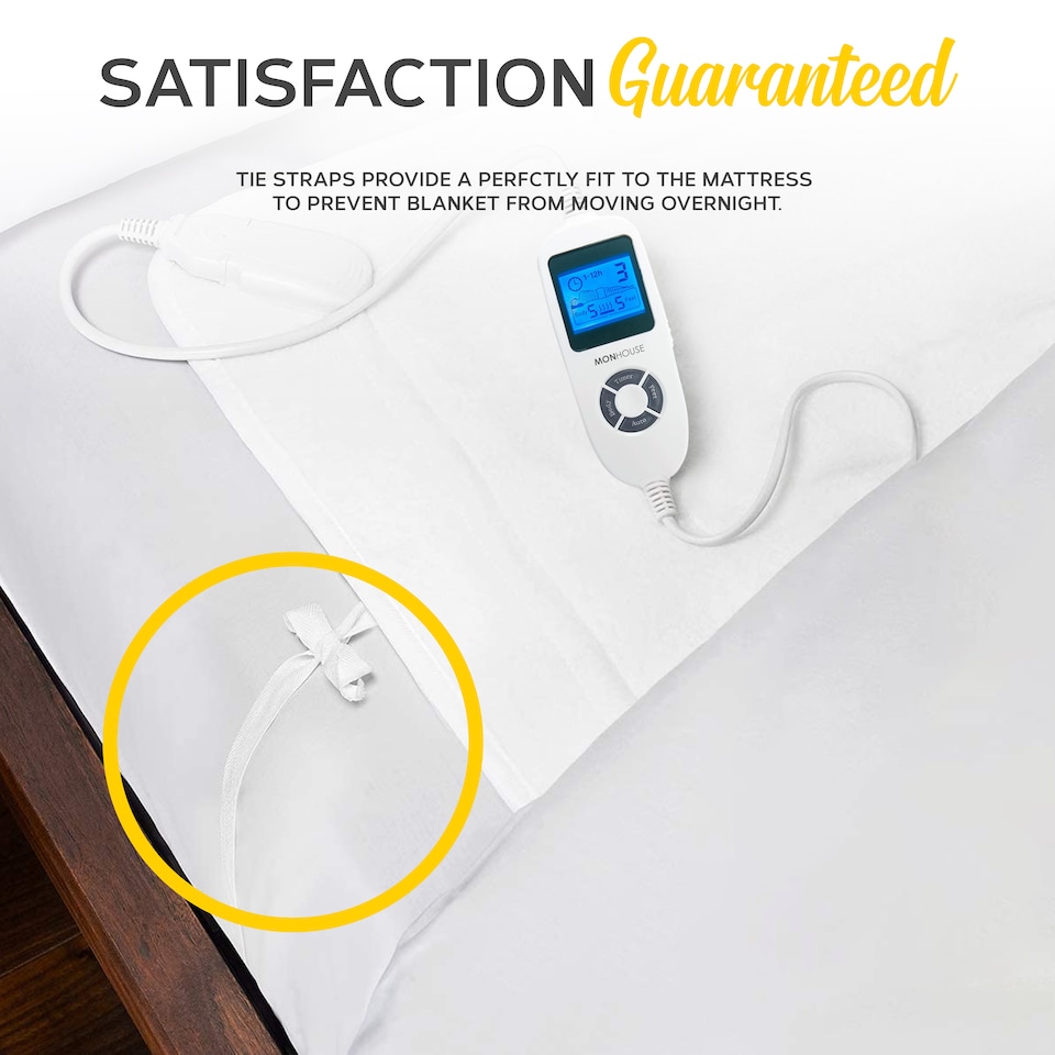 image 1 of MONHOUSE Fleece Electric Heated Under Blanket - Single 90x190cm - Detachable & Machine Washable - Controller Multi Zones, 9 Heat Settings | White | 1