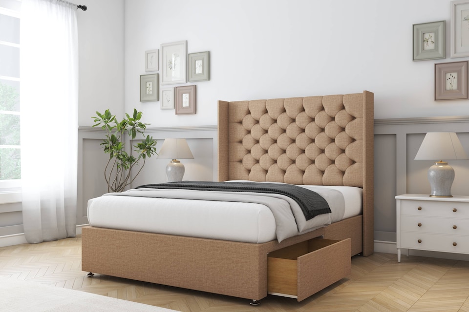image 1 of Sloomy Dior Latte Dumfries Divan Bed Base No Drawers With 54 Inch Wingback Headboard | Brown | Latte | Small Single | 1