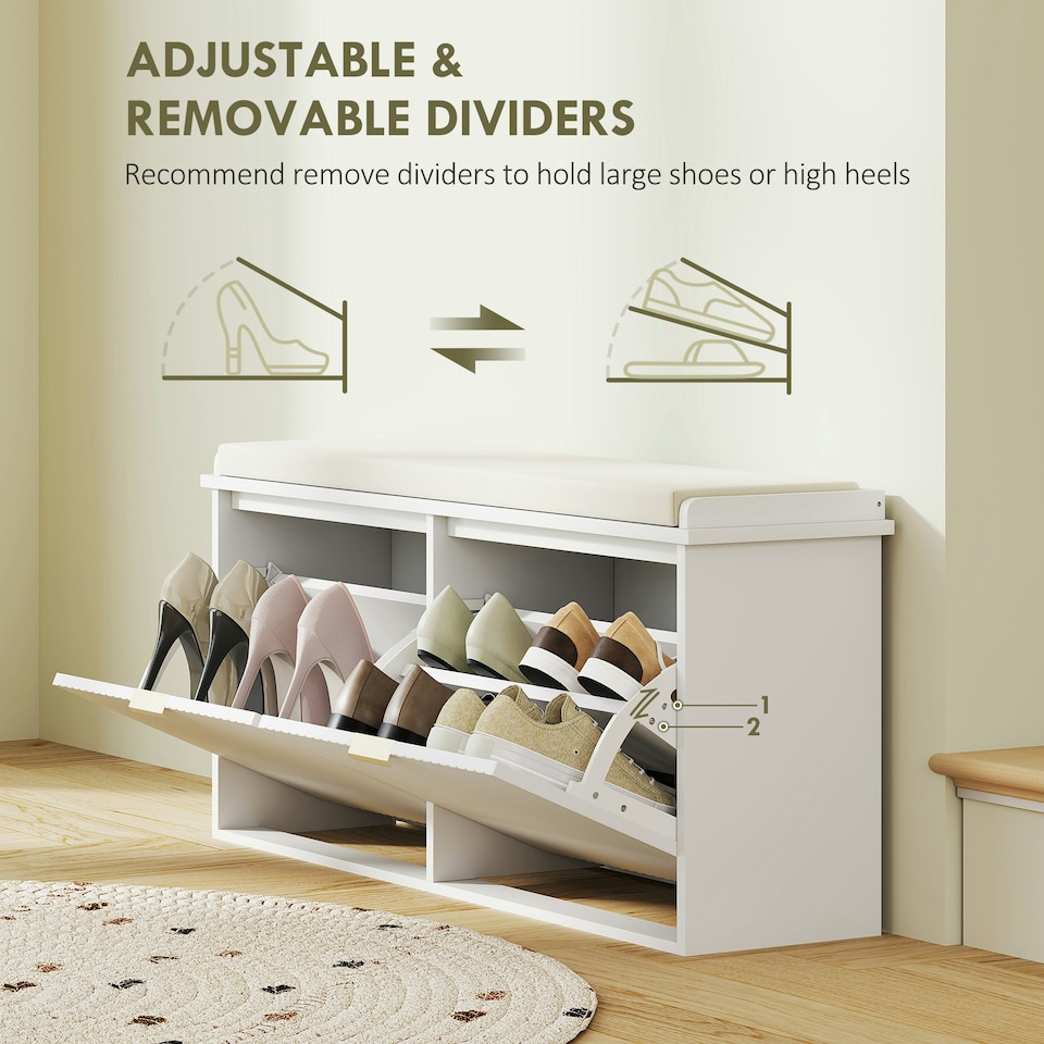 image 1 of HOMCOM Shoe Storage Bench with Cushion and Flip-Drawer 104x26x47.5cm White Green