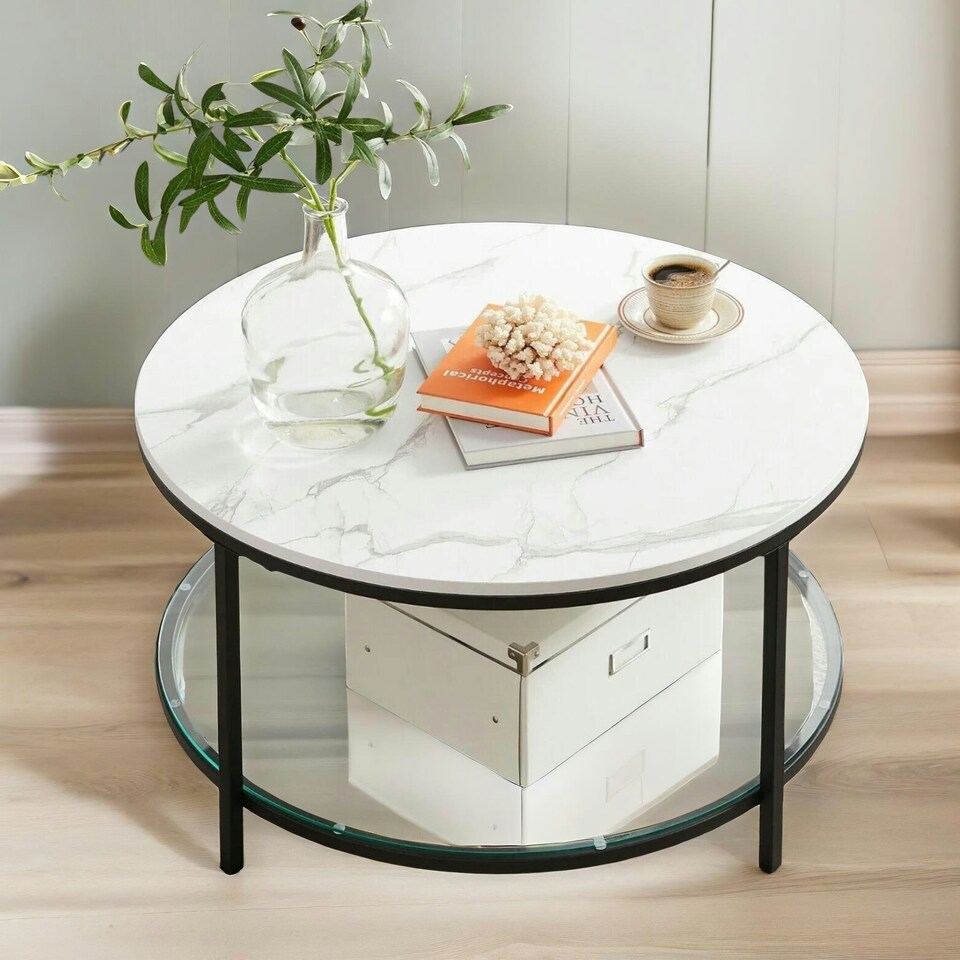 image 1 of 2 Tier Round Faux Marble Coffee Table White