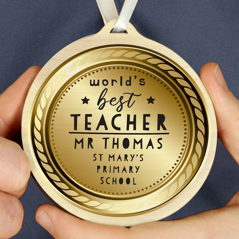 image 1 of Personalised WorldÂ’s Best Teacher Round Wooden Medal