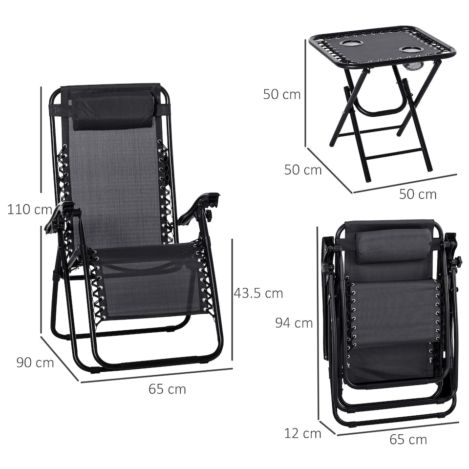 image 1 of Outsunny Folding Zero Gravity Chairs, 3 Pieces Adjustable Sun Lounger and Table Set with Cup Holder and Headrest, Patio Bistro Set with Reclining Garden Chairs for Outdoor, Black