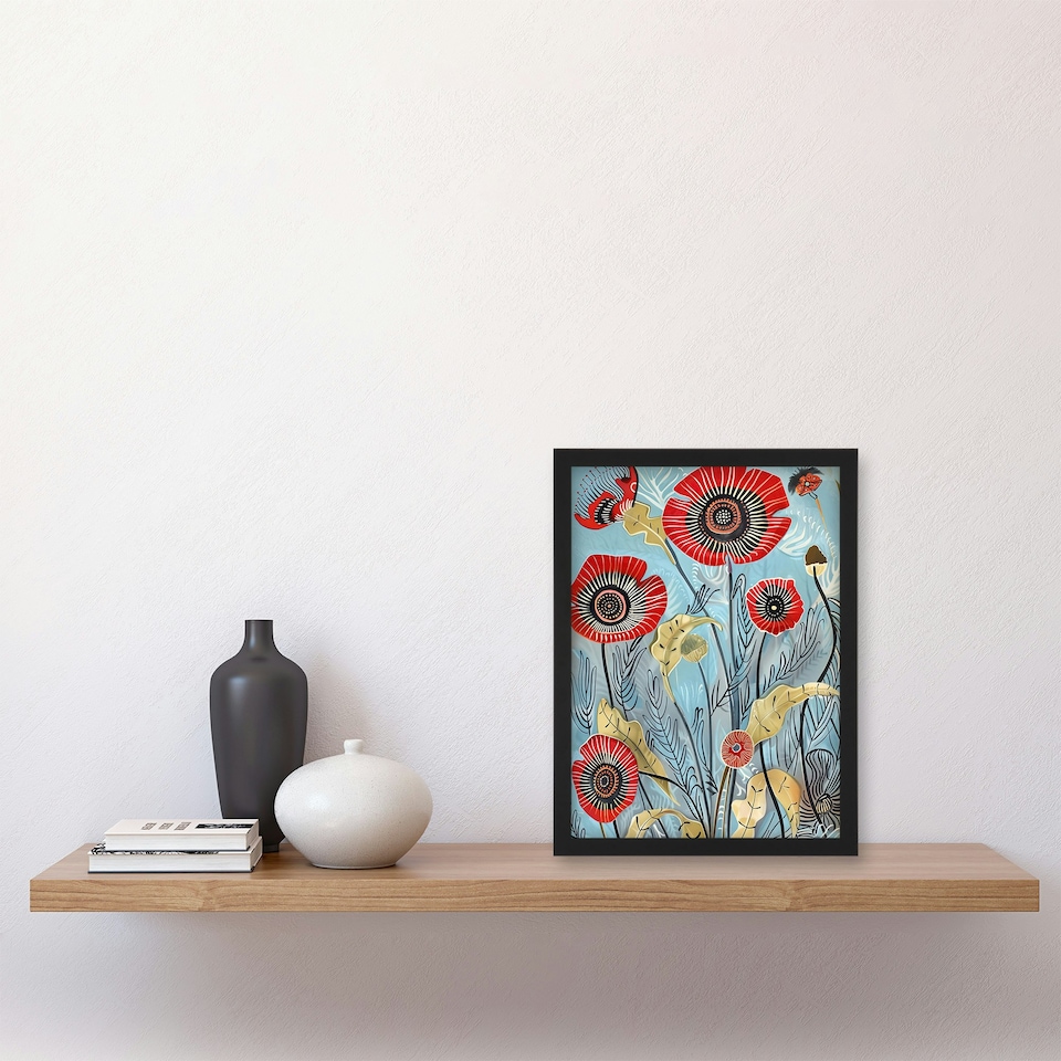image 1 of Poppy Flowers Modern Folk Art Quirky Living Room Black Framed Wall Art Print A4