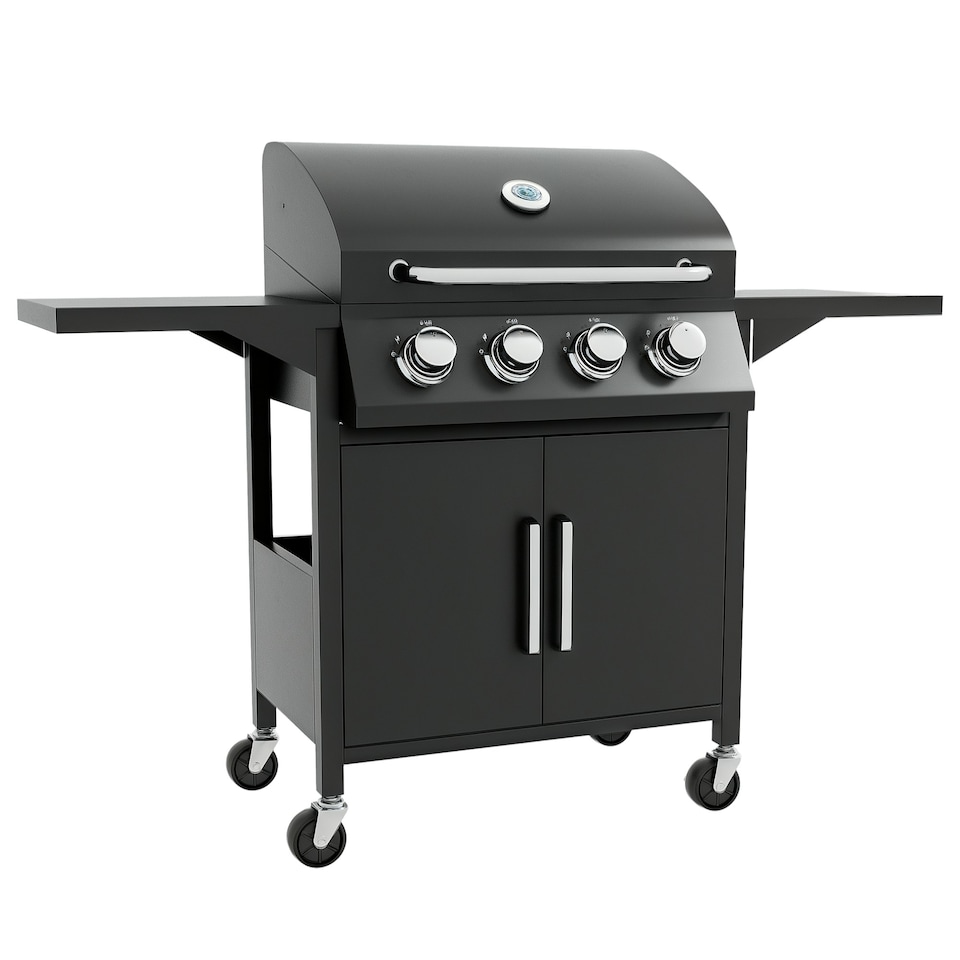 image 1 of Outsunny 3 Burner Gas Grill Portable Barbecue Trolley with Side Shelves