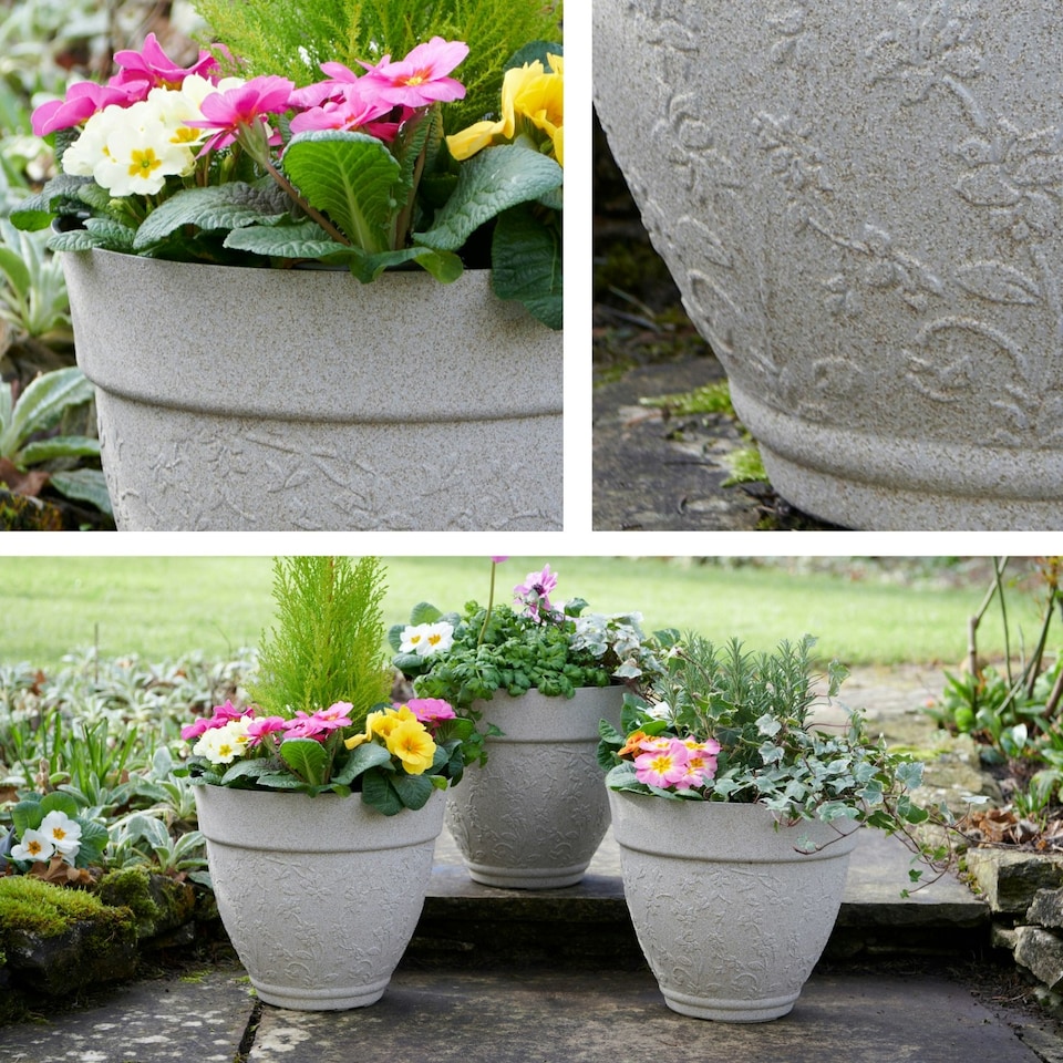 image 1 of Pack of 3 Floral Design Planters in Sandstone Finish | Cream