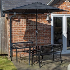 Outdoor 4 Person Rectangular Glass Top Garden Dining Table Benches With Black Havana Parasol and Base Set