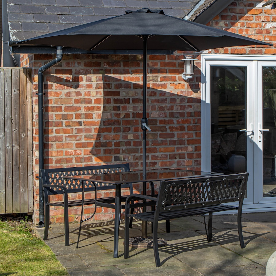 image 1 of Outdoor 4 Person Rectangular Glass Top Garden Dining Table Benches With Black Havana Parasol and Base Set