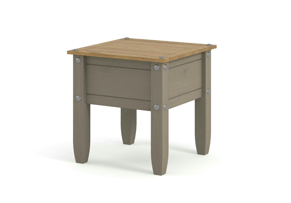 image 1 of Corona Solid Pine Lamp Table - Rustic Wooden Side Table with Chunky Legs, Optional Metal Pin Detailing | Grey | Grey Wax | One Size | 1