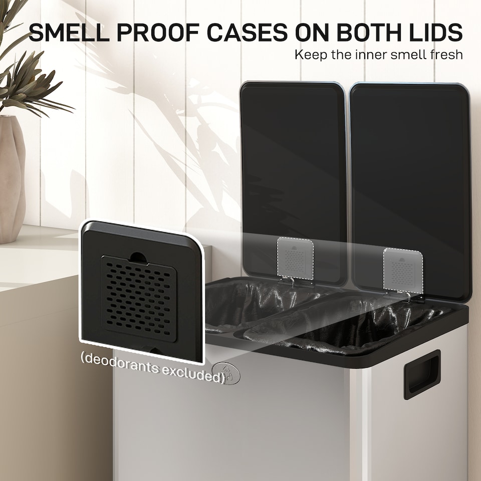 image 1 of HOMCOM Dual Kitchen Bin, 2 x 28L Stainless Steel Double Rubbish Bin with Soft Close Lid, Removable Inner Buckets, Fingerprint-Proof for Recycling and Waste, Silver Tone | Silver | Silver