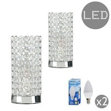 ValueLights Ducy Pair of Polished Chrome & Clear K9 Crystal Jewel Touch Table Lamps with LED Dimmable Candle Bulbs In Warm White Chrome