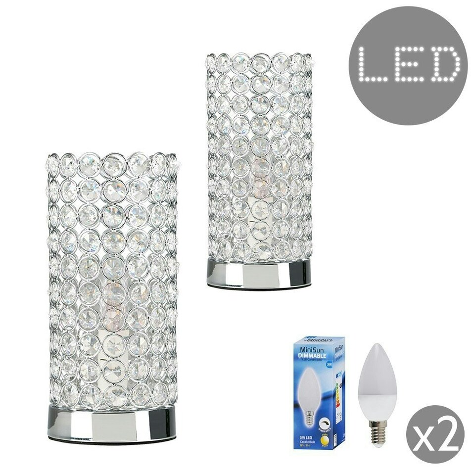 image 1 of ValueLights Ducy Pair of Polished Chrome & Clear K9 Crystal Jewel Touch Table Lamps with LED Dimmable Candle Bulbs In Warm White Chrome