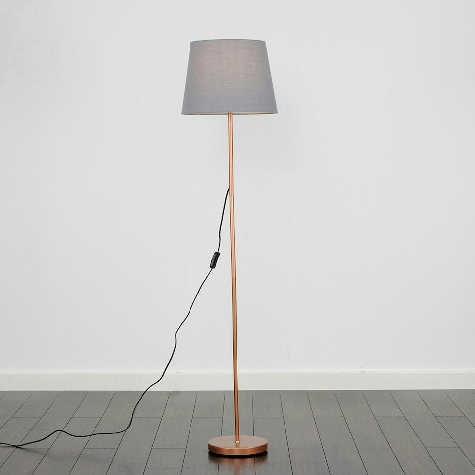 image 1 of ValueLights Charlie Copper Floor Lamp Grey Taper Shade & Bulb Grey