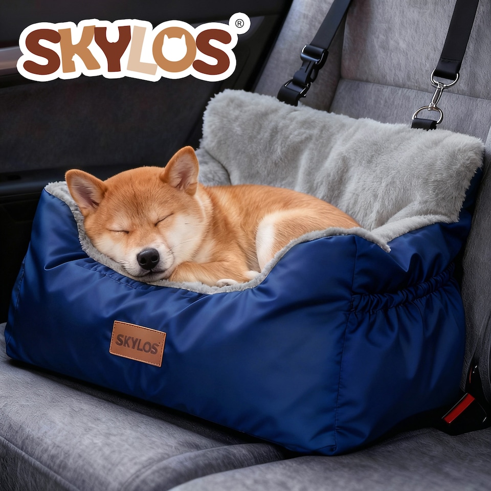 image 1 of Skylos Dog Car Seat Bed Pet Booster Travel Carrier with Safety Leash | Blue | Blue | 1