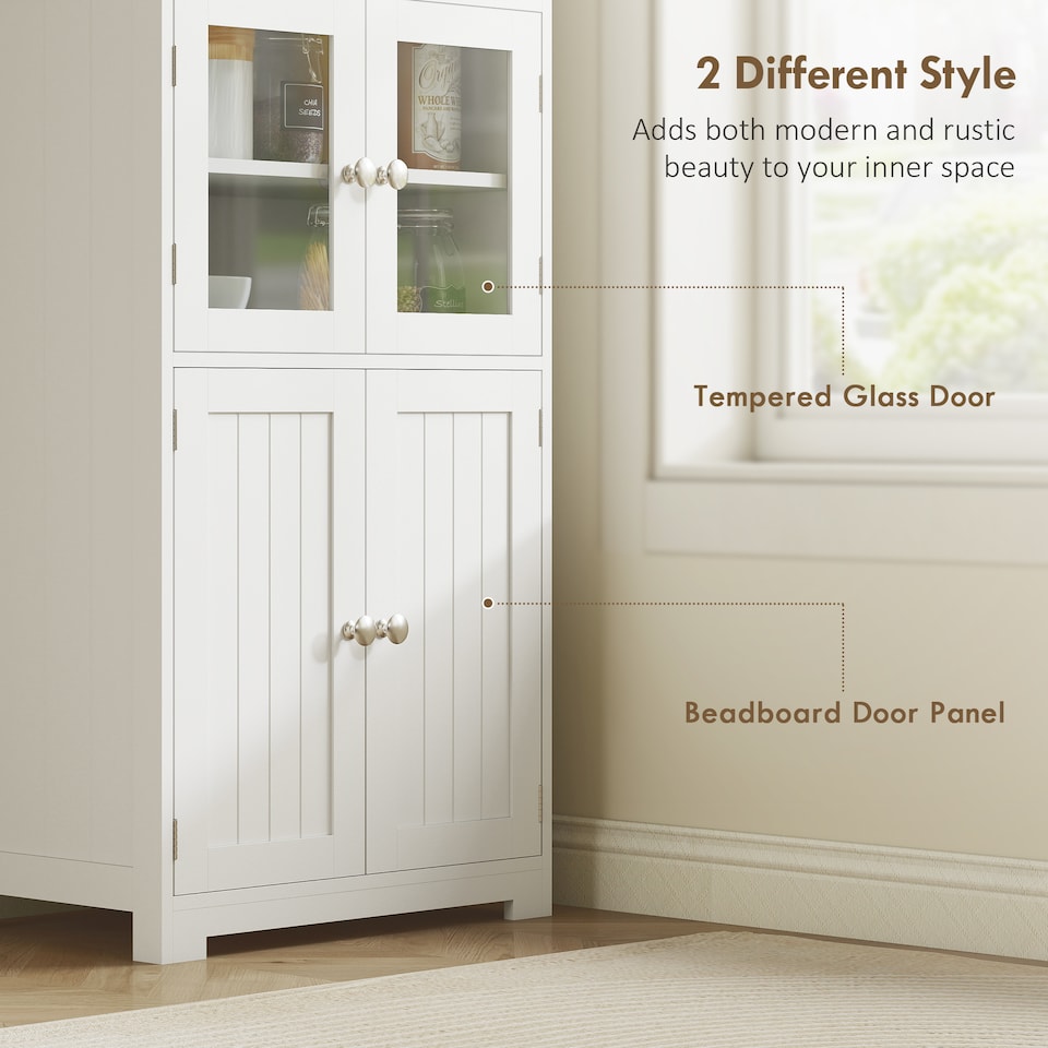 image 1 of HOMCOM Freestanding Kitchen Cupboard, 4-Door Storage Cabinet with Adjustable Shelf and Glass Doors for Dining Room, Living Room, White