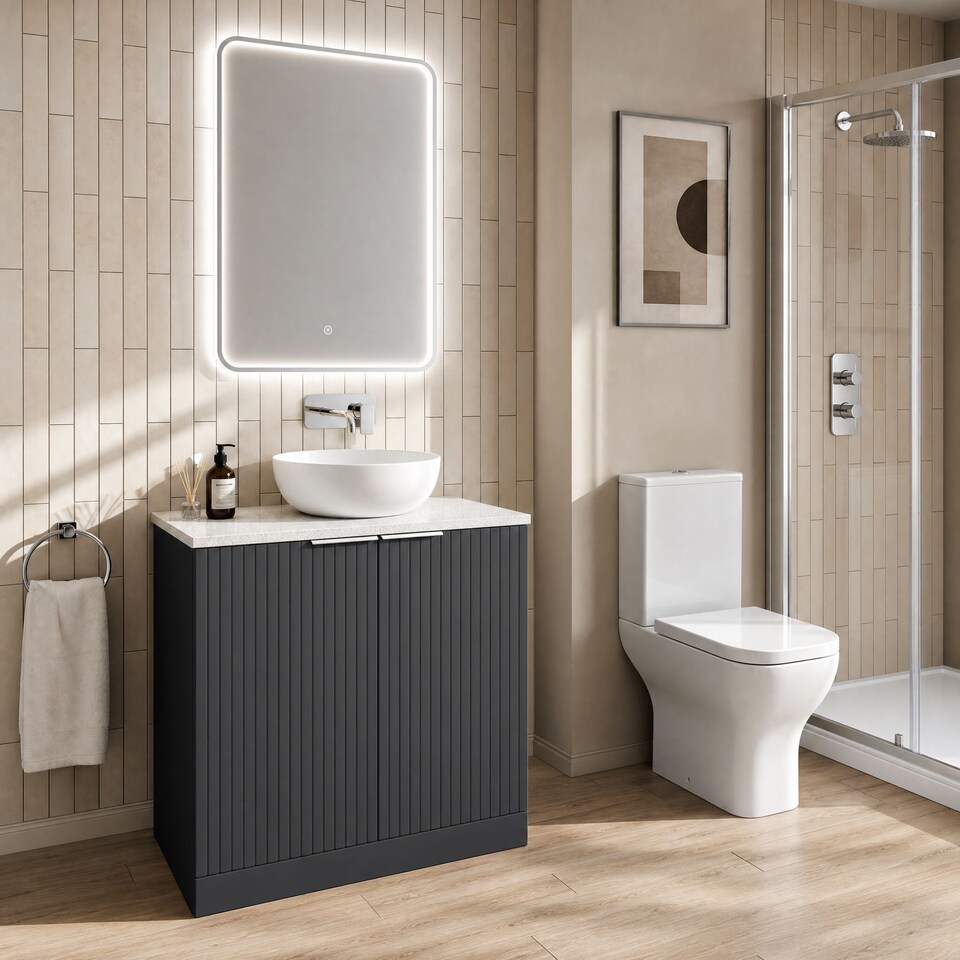 image 1 of Balterley Callingwood Contemporary Floor Standing 2 Door Vanity Unit with White Nebula Laminate Worktop , 800mm, Dark Grey