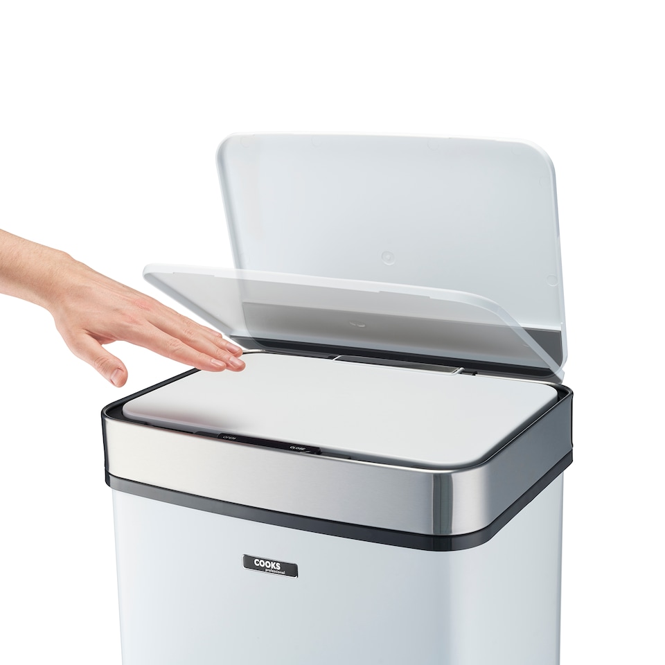 image 1 of Cooks Professional Recycling Sensor Bin 75L with Dual Compartments & Food Caddy | White | White & Silver