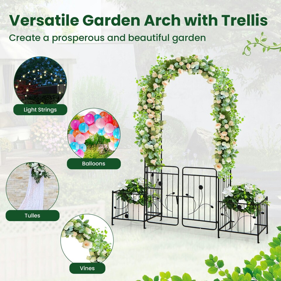 image 1 of COSTWAY Metal Garden Arbor Arch Trellis with 2 Side Planters