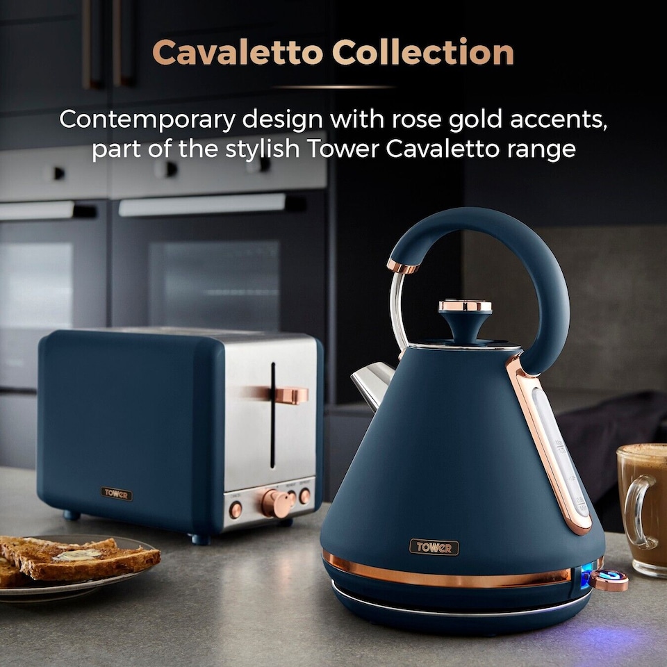 image 1 of Tower Cavaletto Pyramid Kettle & 2 Slice Toaster Set in Midnight Blue & Rose Gold