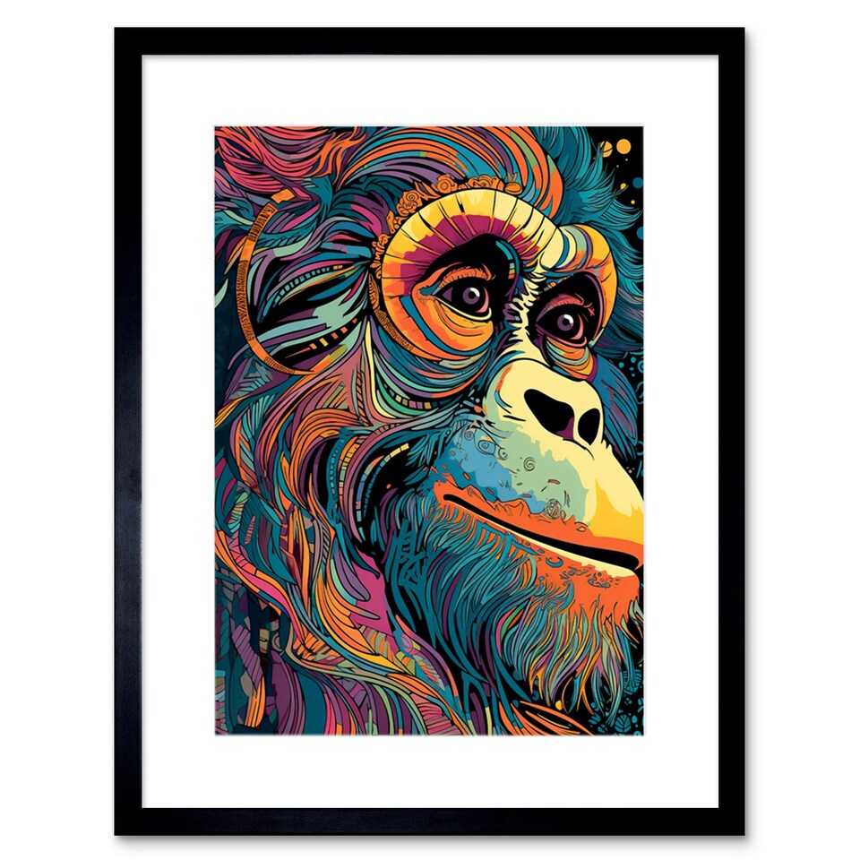 image 1 of Orangutan Ape Colourful Psychedelic Colours Rainforest 9x7" Black Framed Wall Art Print